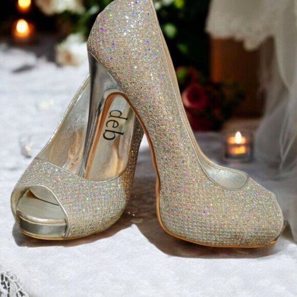 Silver Glitter Heels ✦ Deb Peep-Toe Stilettos ✦ Formal 4” High Heel Size 7 EUC - Picture 11 of 14